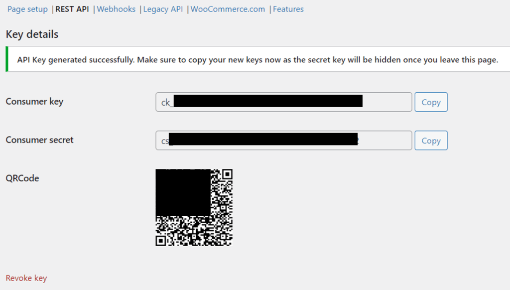 WooCommerce API Key Generated - WooCommerce PostgreSQL